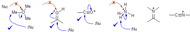 Oxonium ions, ammonium ions and the like are usually NOT electrophilic at the atom bearing the formal positive charge. It is the atoms attached to O and N that are electrophilic and thus subject to attack by bases and nucleophiles.