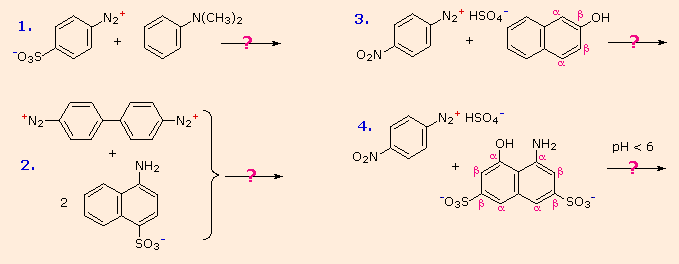 Four azo-coupling problems pairing diazonium salts with amines and naphthols; question marks reveal the products