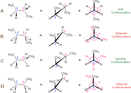 Four butane conformers A-D (anti, eclipsed, gauche, eclipsed) as wedge-hatched, sawhorse, and Newman forms
