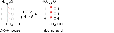 D-(-)-ribose oxidized by HOBr at pH 8 to ribonic acid