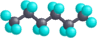 3-D ball-and-stick model of hexane in an extended zig-zag chain conformation