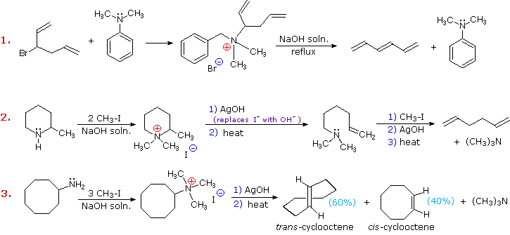 Three Hofmann eliminations: benzylamine route to a triene, ring 2-methylpiperidine ring-opening, and cyclooctylamine giving trans- (60%) and cis-cyclooctene (40%)