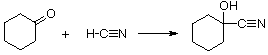 Cyclohexanone plus HCN reacting to form 1-hydroxycyclohexanecarbonitrile (cyanohydrin)