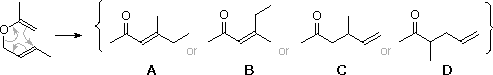 Pyran-type reactant with curved arrows and four bracketed unsaturated ketone product options A-D