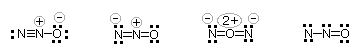 Four candidate Lewis structures (A-D) for nitrous oxide N2O with formal charges marked