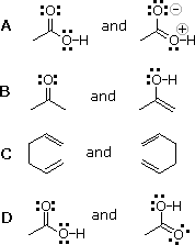 Four structure pairs (A-D): acetate, enol/keto, two cyclohexadienes, acid forms, to judge as resonance contributors