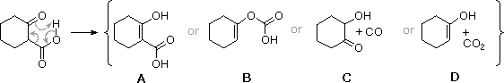 Reactant with curved arrows and four bracketed product options A-D including carbonyl ring forms with CO and CO2