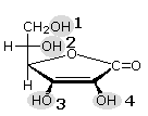 Structure of vitamin C (ascorbic acid) with four hydroxyl groups numbered 1-4 by shaded circles