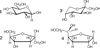 Four ring-form sugar structures labeled 1-4, choices for a beta-ketohexafuranose