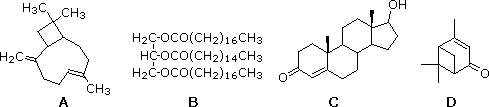 Four structures labeled A-D: bicyclic sesquiterpene, triglyceride, steroid, and cyclohexenone terpenoid