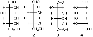 Four Fischer-projection aldohexoses labeled 1-4, choices for identifying epimers