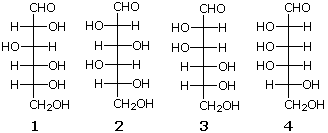 Four Fischer-projection aldohexoses labeled 1-4, choices for which give the same osazone
