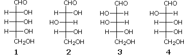 Four Fischer-projection aldopentoses labeled 1-4, choices for assigning structures X and Y