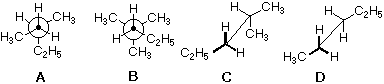 Four candidate structures A-D for 2-methylpentane, drawn as zigzag and bond-line conformers