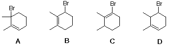 Four bromo-trimethylcyclohexene structures A-D, candidate C8H13Br products from HBr addition