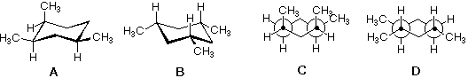 Four chair-conformer structures A-D of cis-1,2,4-trimethylcyclohexane with varied axial/equatorial methyls