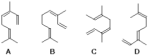 Four octatriene structures A-D, candidate formulas for ocimene, (3E)-3,7-dimethyl-1,3,6-octatriene