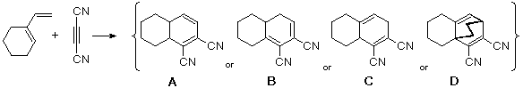Vinylcyclohexene plus maleonitrile Diels-Alder, four bicyclic dinitrile products A-D