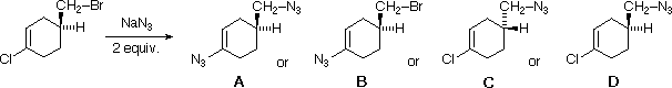 Q31: 4-chloro-cyclohexyl bromomethyl reacting with NaN3; answer choices A-D of azide/bromide substitution products