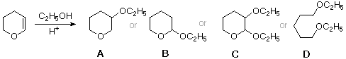 Q40: dihydropyran plus ethanol/H+; answer choices A-D of ethoxy tetrahydropyran acetals and ring-opened products