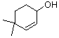 Skeletal structure of 4,4-dimethyl-2-cyclohexen-1-ol, a cyclohexene ring with OH and gem-dimethyl groups