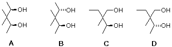 Q38 diol answers A-D: variously branched C7 heptanediol structures with two OH groups