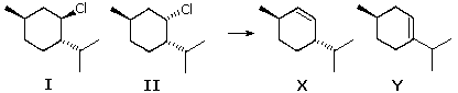 Q54: menthyl/neomenthyl chloride stereoisomers I and II giving E2 alkene products X and Y