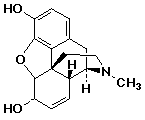 Structure of morphine showing its fused-ring skeleton with phenol OH groups and N-methyl