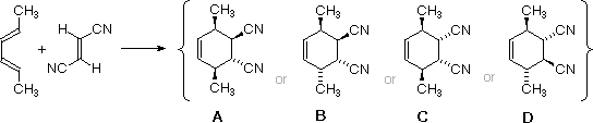 Diels-Alder of 2,4-hexadiene with fumaronitrile, with four cyclohexene dinitrile products A-D