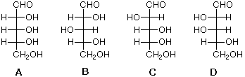 Four aldohexose Fischer projections A-D for identifying the (2S,3R,4R) sugar