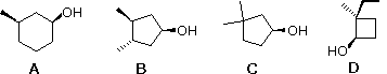 Four C7H14O cyclic and cyclopentyl alcohol structures A-D