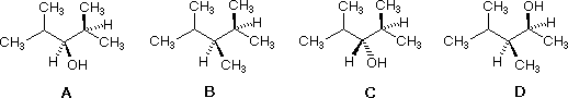 Four 2,4-dimethyl-3-pentanol-type structures A-D for identifying the chiral one