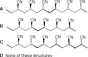 Three polyacrylonitrile chains A-C with differing nitrile placement, plus option D none