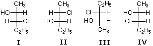 Four Fischer projections I-IV of 2-chloro-3-butanol stereoisomers