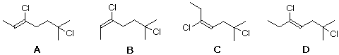 Four 3,6-dichloro-6-methyl-3-heptene structures A-D showing differing C3 double-bond geometry