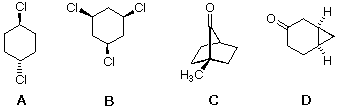 Four candidate structures A-D: dichlorocyclohexane, trichlorocyclohexane, bicyclic ketone, epoxy-ketone