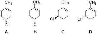 Four 4-chloro-1-methylcyclohexene structures A-D with differing chlorine configuration