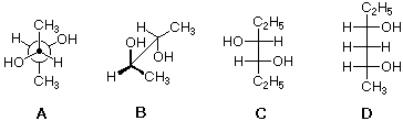 Four candidate structures A-D for a meso compound, including dimethyl-diols and diethyl-diols