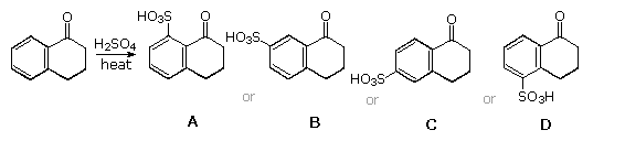 Sulfonation of alpha-tetralone with H2SO4/heat giving four possible SO3H-substituted tetralone products A-D