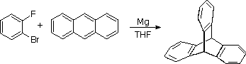 2-bromofluorobenzene plus anthracene with Mg in THF, forming a triptycene cycloadduct via benzyne