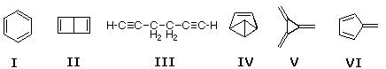 Six C6H6 isomers labeled I-VI: benzene, Dewar benzene, an open-chain diyne, prismane, [3]radialene/dimethylene compound, and fulvene