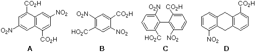 Four dinitro dicarboxylic aromatic acids A-D: dinitronaphthalene diacid, dinitroterephthalic acid, dinitrobiphenyl diacid, nitrodihydroanthracene acid