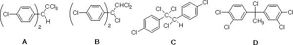 Four DDT-candidate structures A-D: bis(4-chlorophenyl) groups attached to CCl3 or CHCl2 carbons