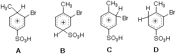 Four arenium-ion intermediates A-D bearing CH3, Br and SO3H groups on a benzene ring with positive charge
