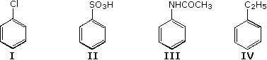 Four benzenes labeled I-IV: chlorobenzene, benzenesulfonic acid, acetanilide, and ethylbenzene