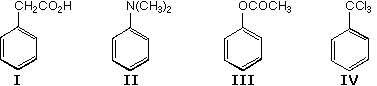 Four substituted benzenes labeled I-IV: phenylacetic acid, N,N-dimethylaniline, phenyl acetate, and benzotrichloride