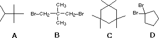 Four answer structures A-D: neopentane, 1,3-dibromo-2,2-dimethylpropane, 1,3,5-trimethylcyclohexane, 1-bromo-1-methylcyclopentane