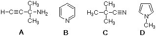 Four answers A-D for m/z 83: 2-amino-2-methyl-3-butyne, pyridine, 2,2-dimethylpropanenitrile, N-methylpyrrole