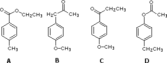 Four C10H12O2 answers A-D: ethyl 4-methylbenzoate, 4-methoxyphenylacetone, 4-methoxypropiophenone, 4-ethylphenyl acetate