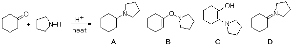 Cyclohexanone plus pyrrolidine with acid and heat; products A-D including the enamine and isomers